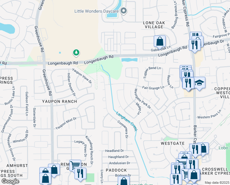 map of restaurants, bars, coffee shops, grocery stores, and more near 7738 Shavano Lane in Cypress