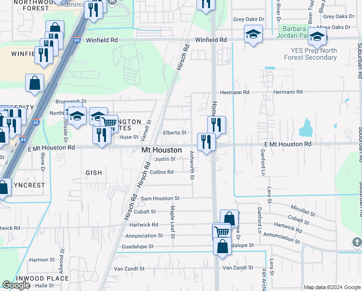 map of restaurants, bars, coffee shops, grocery stores, and more near 5827 East Mount Houston Road in Houston