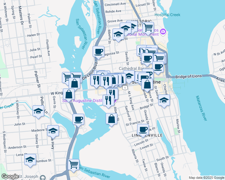 map of restaurants, bars, coffee shops, grocery stores, and more near 842 Sebastian Harbor Drive in St. Augustine