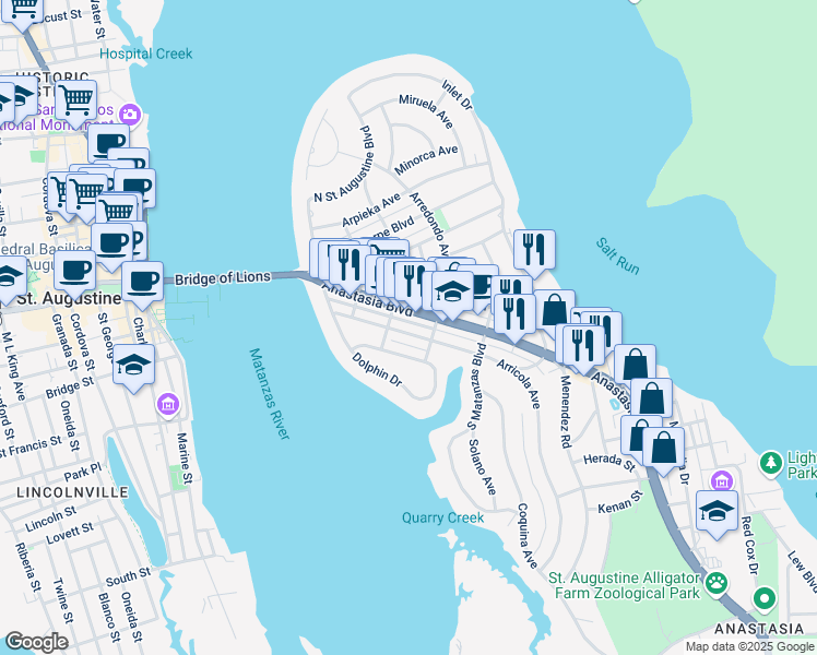 map of restaurants, bars, coffee shops, grocery stores, and more near 219 Arricola Avenue in St. Augustine