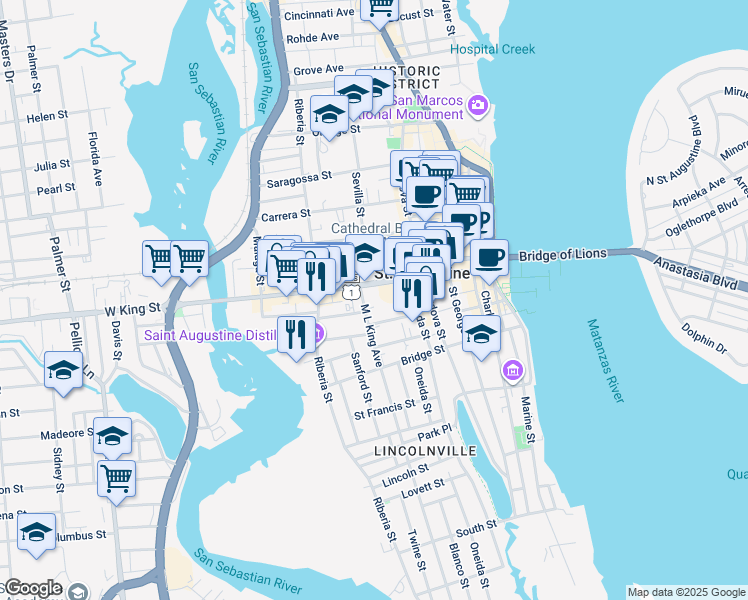 map of restaurants, bars, coffee shops, grocery stores, and more near 101 La Quinta Place in St. Augustine