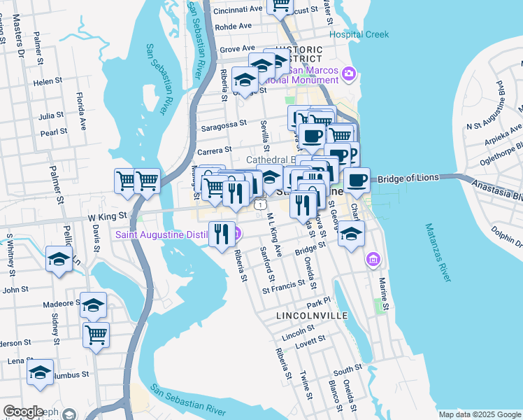 map of restaurants, bars, coffee shops, grocery stores, and more near 101 La Quinta Place in St. Augustine
