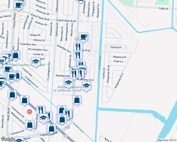 map of restaurants, bars, coffee shops, grocery stores, and more near 933 Monterey Court West in Terrytown