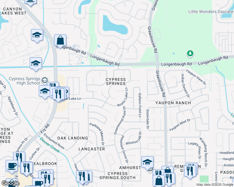 map of restaurants, bars, coffee shops, grocery stores, and more near 7819 Ashland Springs Lane in Cypress