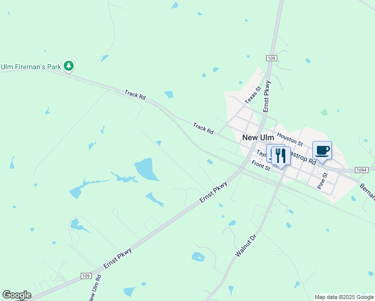 map of restaurants, bars, coffee shops, grocery stores, and more near 841 Farm to Market Road 109 in New Ulm