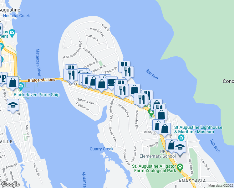map of restaurants, bars, coffee shops, grocery stores, and more near 405 Anastasia Boulevard in St. Augustine
