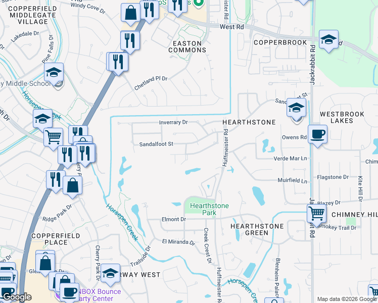 map of restaurants, bars, coffee shops, grocery stores, and more near 7806 Sapphire Valley Road in Houston