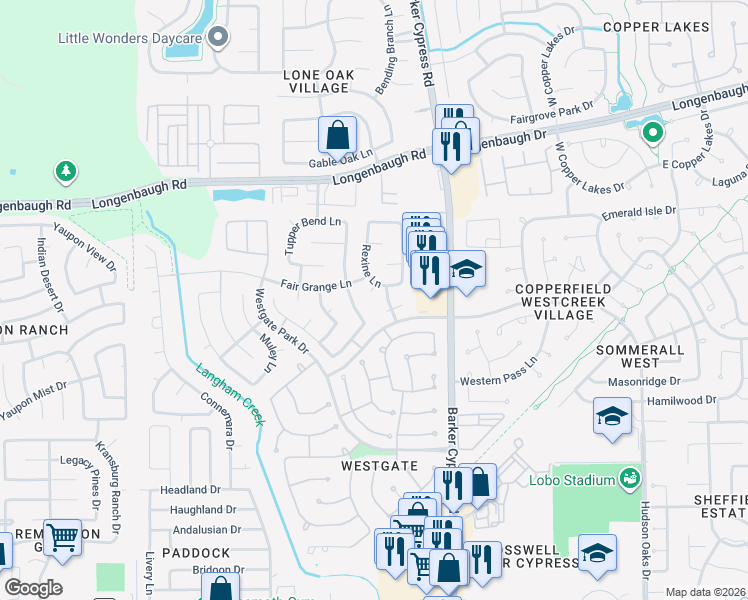 map of restaurants, bars, coffee shops, grocery stores, and more near 18107 Clayton Bluff Lane in Cypress