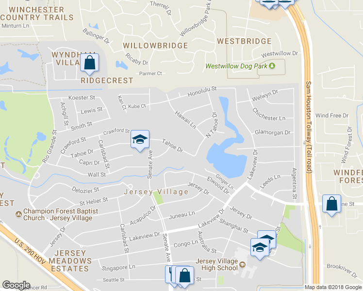 map of restaurants, bars, coffee shops, grocery stores, and more near 15814 Tahoe Drive in Jersey Village