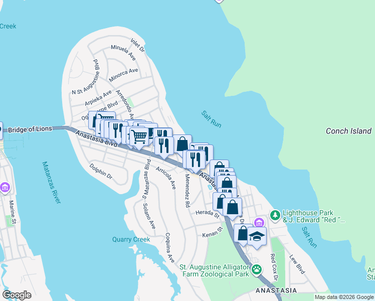 map of restaurants, bars, coffee shops, grocery stores, and more near 27 Comares Avenue in St. Augustine