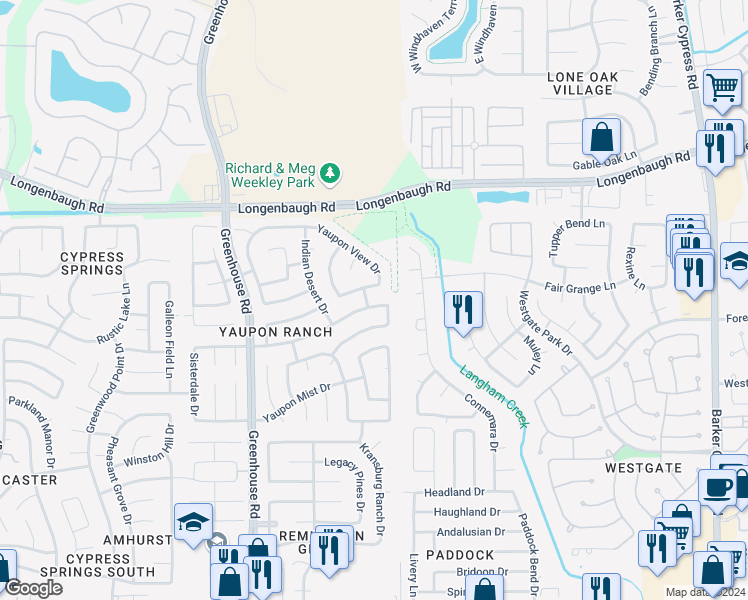 map of restaurants, bars, coffee shops, grocery stores, and more near 19018 Yaupon Ranch Drive in Cypress