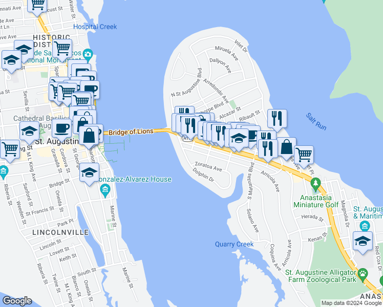 map of restaurants, bars, coffee shops, grocery stores, and more near 13 Anastasia Boulevard in St. Augustine