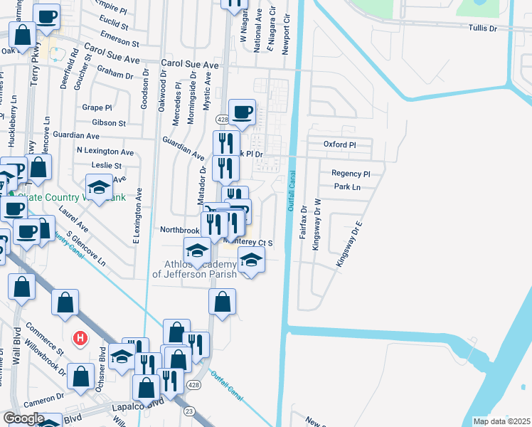 map of restaurants, bars, coffee shops, grocery stores, and more near 2900 North Monterey Court in Terrytown