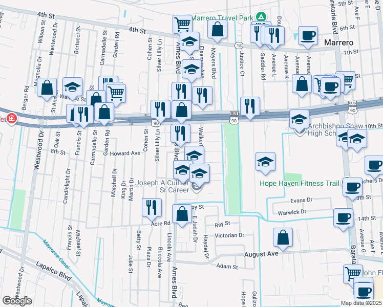 map of restaurants, bars, coffee shops, grocery stores, and more near 6239 3rd Avenue in Marrero