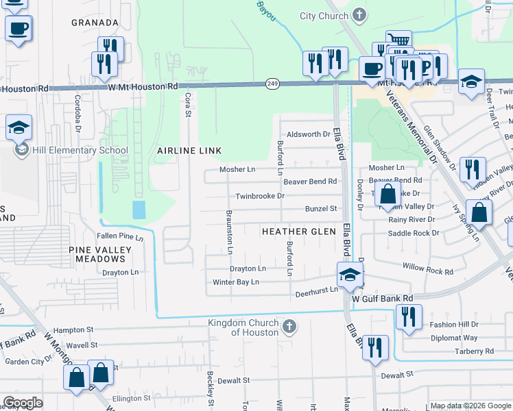 map of restaurants, bars, coffee shops, grocery stores, and more near 2134 Twinbrooke Drive in Houston
