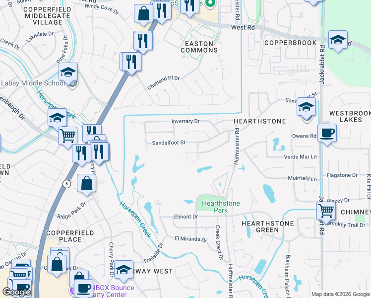 map of restaurants, bars, coffee shops, grocery stores, and more near 14918 Sandalfoot Street in Houston
