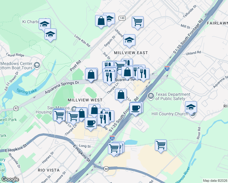 map of restaurants, bars, coffee shops, grocery stores, and more near 1504 Aquarena Springs Drive in San Marcos