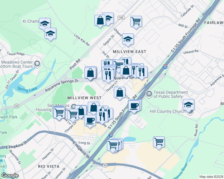 map of restaurants, bars, coffee shops, grocery stores, and more near 1504 Aquarena Springs Drive in San Marcos