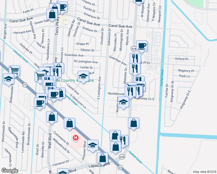 map of restaurants, bars, coffee shops, grocery stores, and more near 868 Morningside Drive in Terrytown