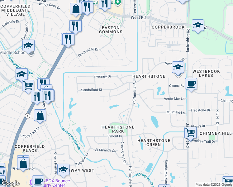 map of restaurants, bars, coffee shops, grocery stores, and more near 14818 Sandalfoot Street in Houston