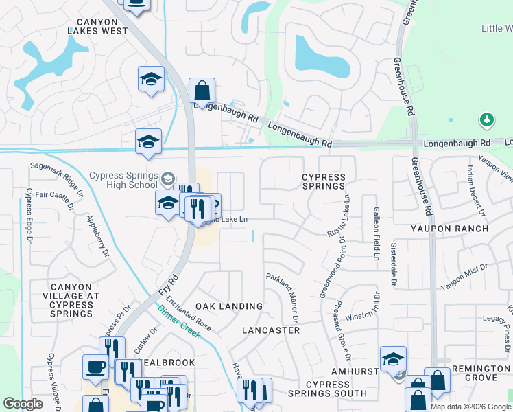 map of restaurants, bars, coffee shops, grocery stores, and more near 7826 Meandering Oak Lane in Cypress
