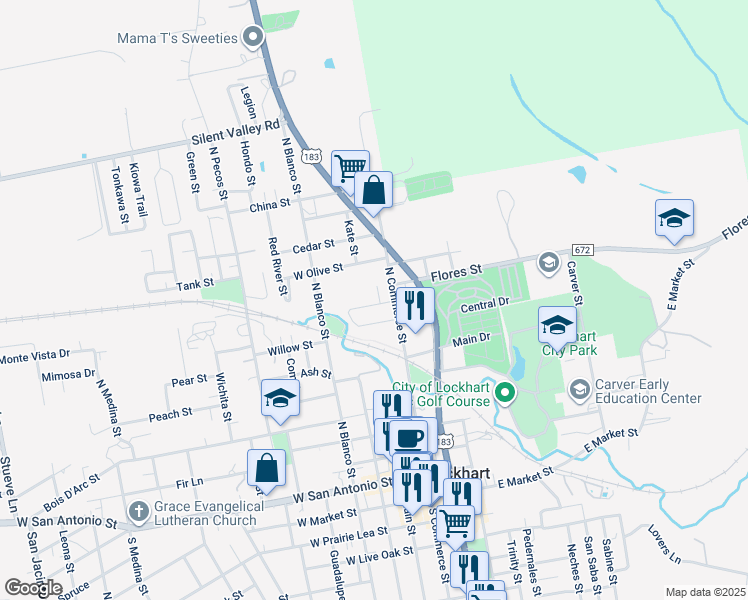 map of restaurants, bars, coffee shops, grocery stores, and more near 809 West Navarro Street in Lockhart