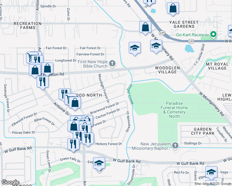 map of restaurants, bars, coffee shops, grocery stores, and more near 5415 Canyon Forest Drive in Houston