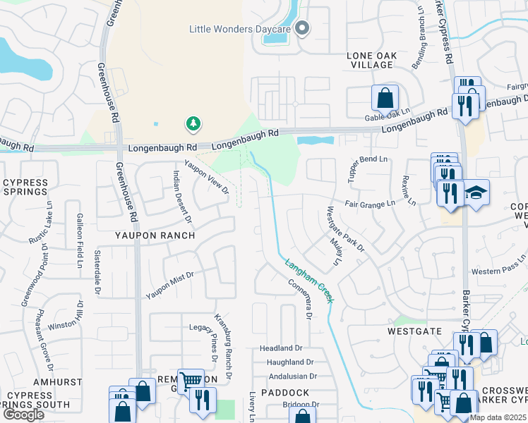 map of restaurants, bars, coffee shops, grocery stores, and more near 7770 Connemara Drive in Cypress