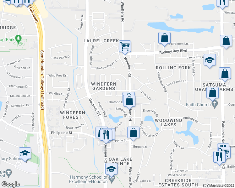 map of restaurants, bars, coffee shops, grocery stores, and more near 8238 Country Wind Court in Houston