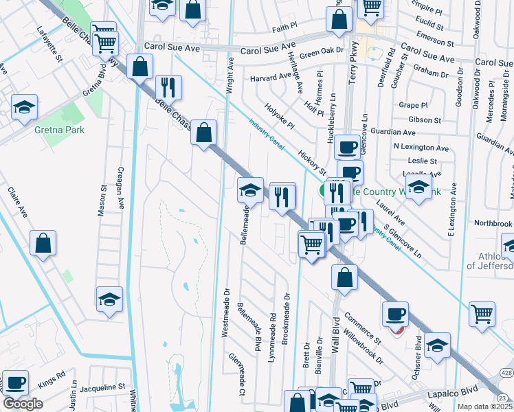 map of restaurants, bars, coffee shops, grocery stores, and more near 108 Briant Street in Gretna