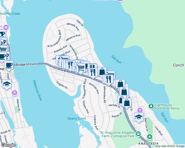 map of restaurants, bars, coffee shops, grocery stores, and more near 400 Flagler Boulevard in St. Augustine