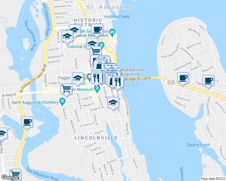 map of restaurants, bars, coffee shops, grocery stores, and more near 25 King Street in St. Augustine