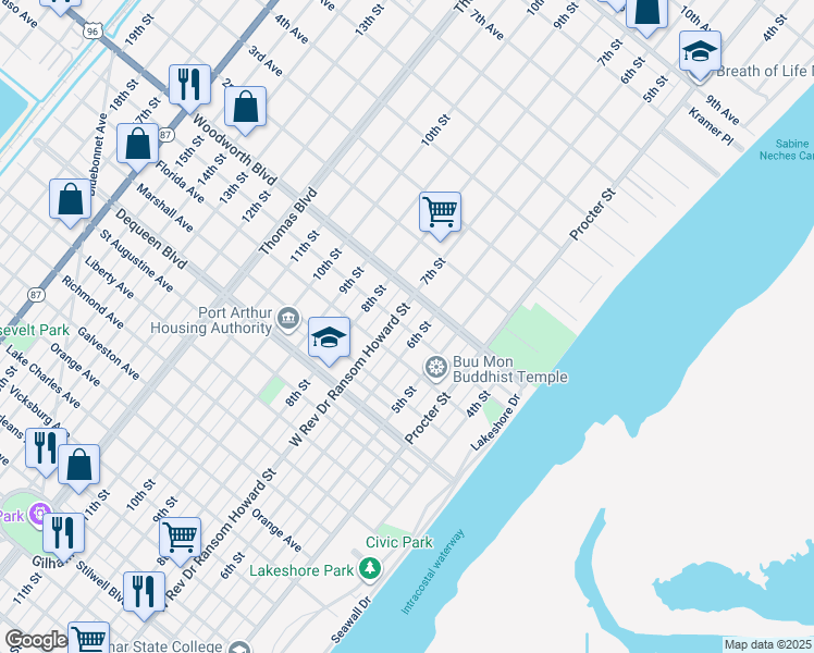 map of restaurants, bars, coffee shops, grocery stores, and more near 601 Woodworth Boulevard in Port Arthur