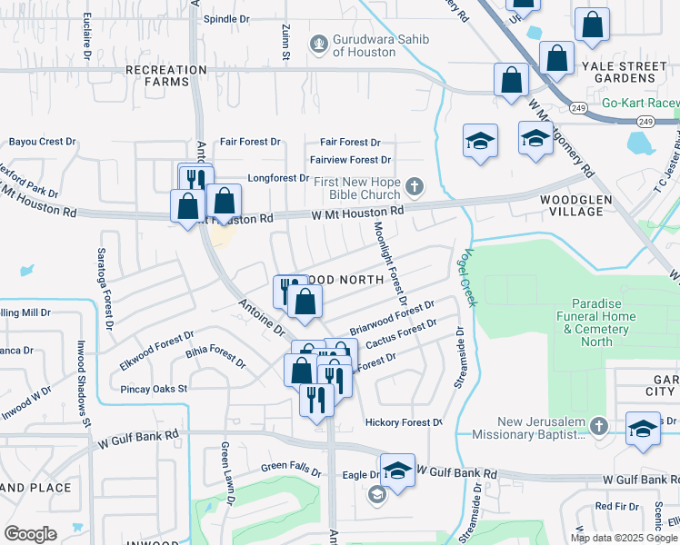 map of restaurants, bars, coffee shops, grocery stores, and more near 5607 Harper Forest Drive in Houston