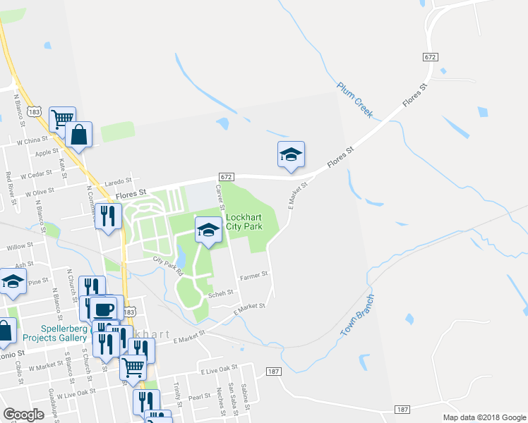 map of restaurants, bars, coffee shops, grocery stores, and more near 1511 E Market in Lockhart