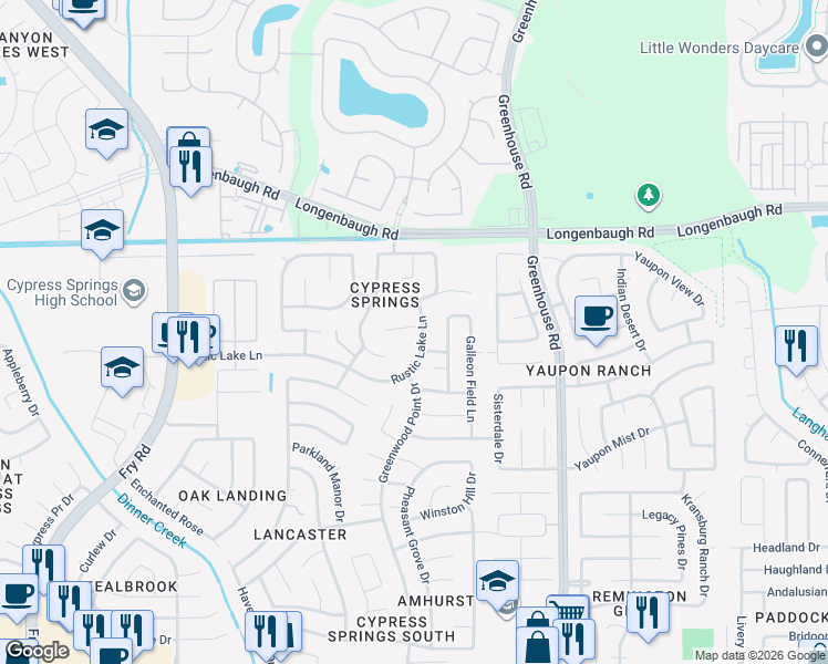 map of restaurants, bars, coffee shops, grocery stores, and more near 19807 Mallard Point Court in Cypress