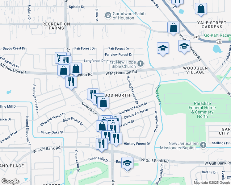 map of restaurants, bars, coffee shops, grocery stores, and more near 5607 Harper Forest Drive in Houston