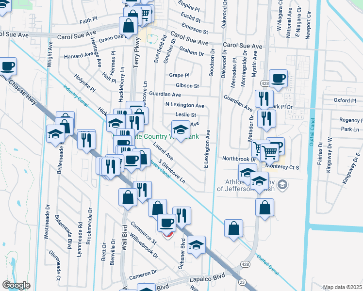 map of restaurants, bars, coffee shops, grocery stores, and more near 925 Lamar Avenue in Terrytown