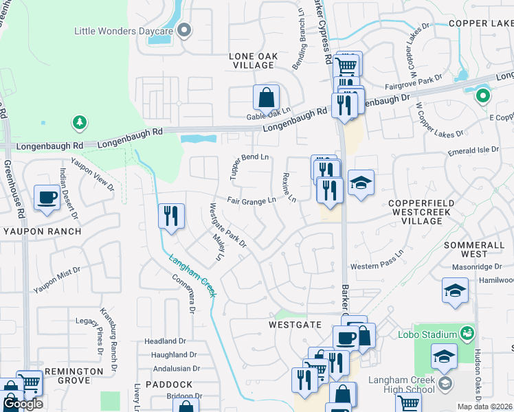 map of restaurants, bars, coffee shops, grocery stores, and more near 18238 Fair Grange Lane in Cypress