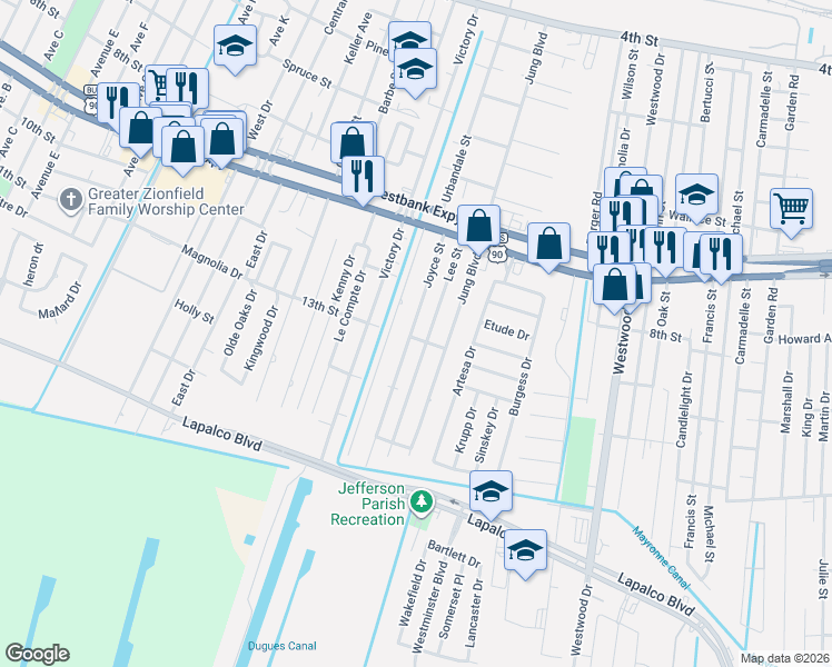 map of restaurants, bars, coffee shops, grocery stores, and more near 1021 Joyce Street in Marrero