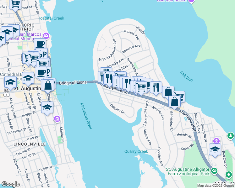 map of restaurants, bars, coffee shops, grocery stores, and more near 112 Florida A1A in St. Augustine