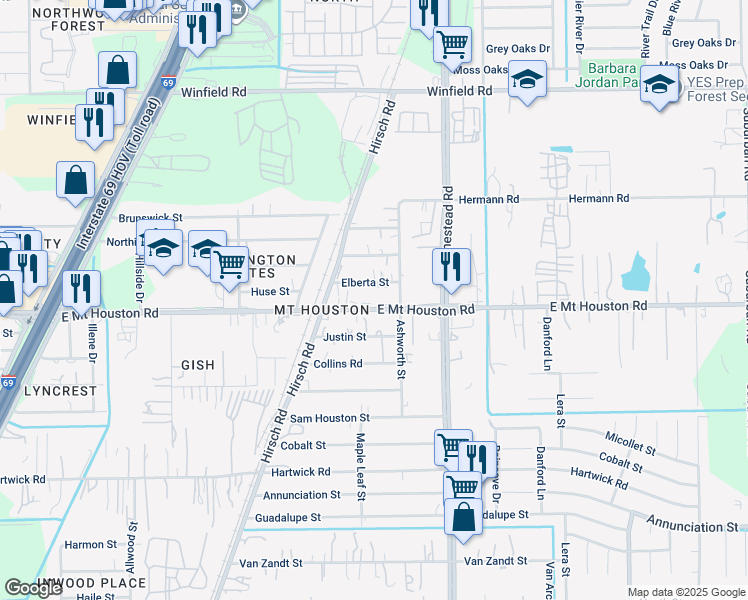 map of restaurants, bars, coffee shops, grocery stores, and more near 5810 Elberta Street in Houston