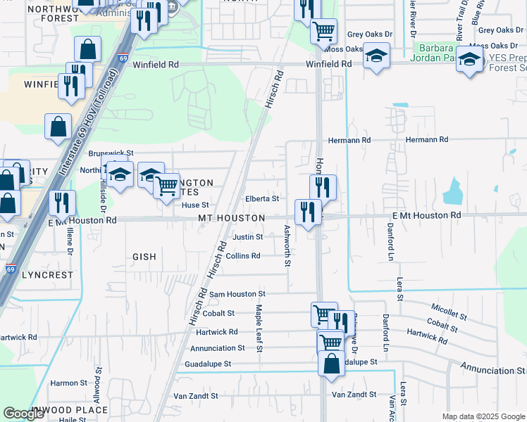 map of restaurants, bars, coffee shops, grocery stores, and more near 5810 Elberta Street in Houston