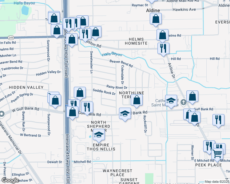 map of restaurants, bars, coffee shops, grocery stores, and more near 515 Rainy River Drive in Houston