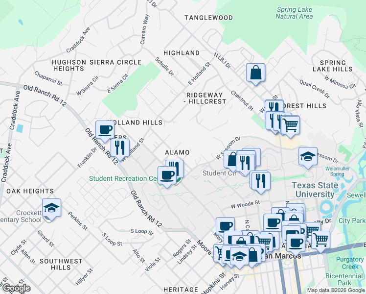 map of restaurants, bars, coffee shops, grocery stores, and more near 207 Yale Street in San Marcos