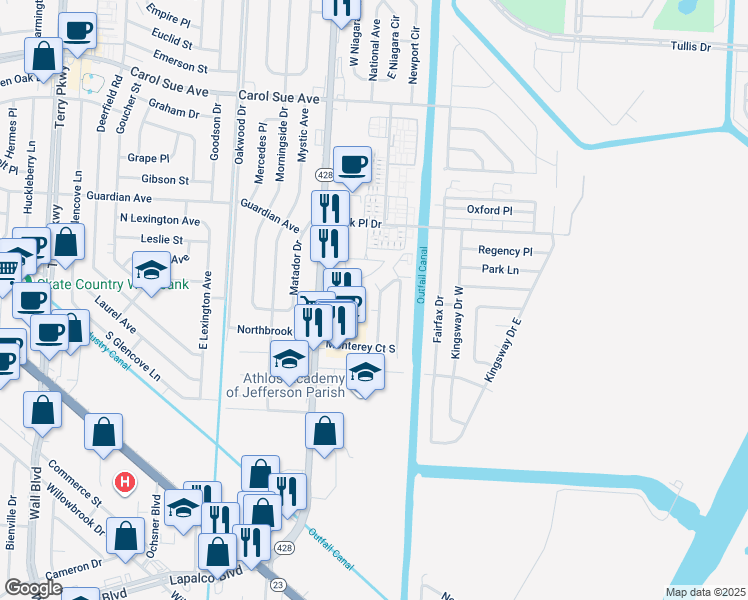 map of restaurants, bars, coffee shops, grocery stores, and more near 908 Monterey Court West in Gretna