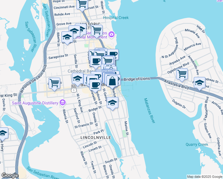 map of restaurants, bars, coffee shops, grocery stores, and more near 25 King Street in St. Augustine