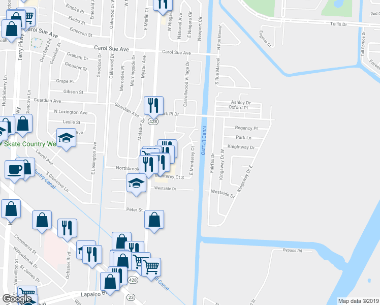 map of restaurants, bars, coffee shops, grocery stores, and more near 2900 North Monterey Court in Terrytown
