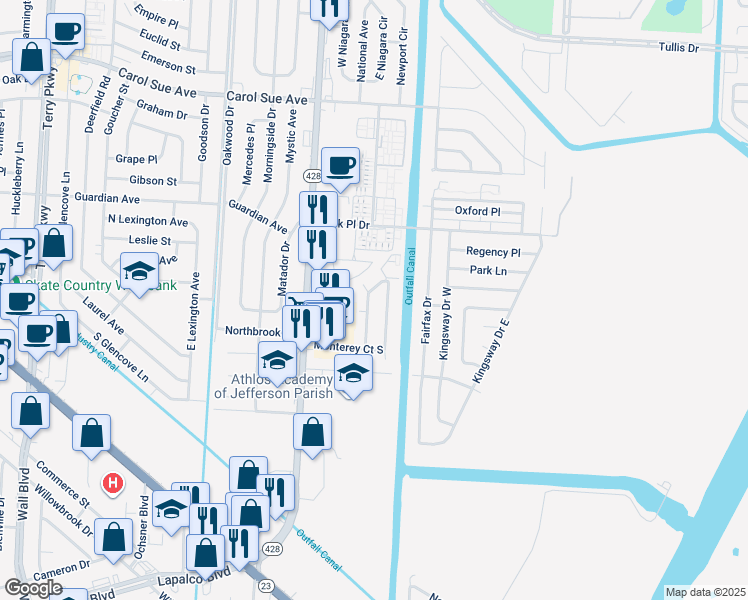 map of restaurants, bars, coffee shops, grocery stores, and more near 2900 North Monterey Court in Terrytown