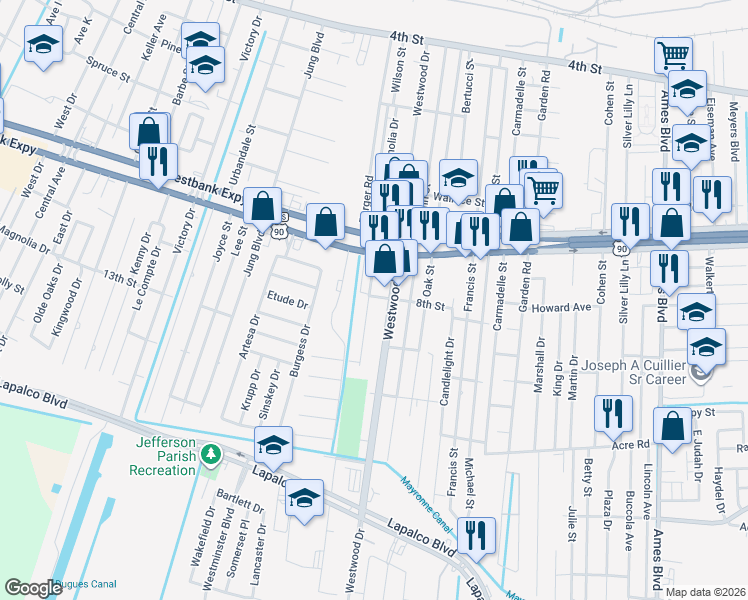 map of restaurants, bars, coffee shops, grocery stores, and more near 921 Dimarco Drive in Marrero